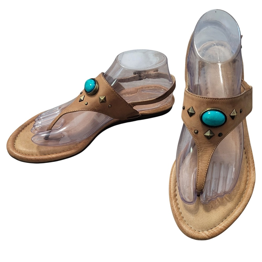 Reba Womens Flat Tan Leather Turquoise Studded Thong Slingback Sandals 8.5